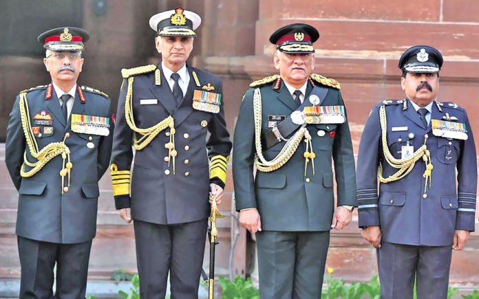 The Service Chiefs with the CDS - from left, Gen MM Naravane, Adm Karambir Singh, Gen Bipin Rawat, CDS and Air Chief Marshal RKS Bhadauria.