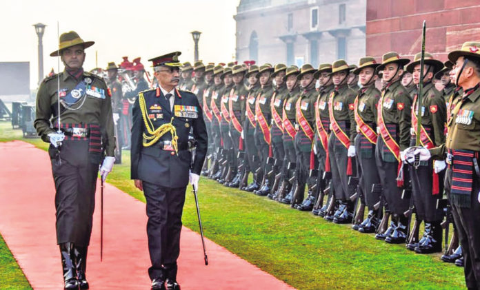 Gen MM Naravane inspecting a guard of honour at South Block, New Delhi, on taking over as the COAS.