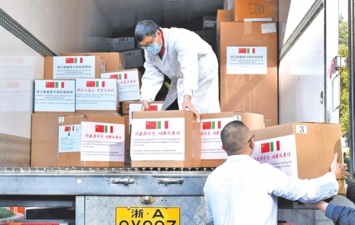Chinese medical materials bound for Italy at a hospital in Hangzhou, s Zhejiang Province, China, 17 March 2020