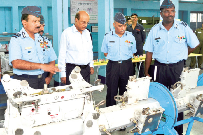 Former Chief of the Air Staff, Air Chief Marshal Arup Raha and Secretary Defence Production, GC Pati at the IAF's Base Repair Depot, Nasik on 7 June 2014.