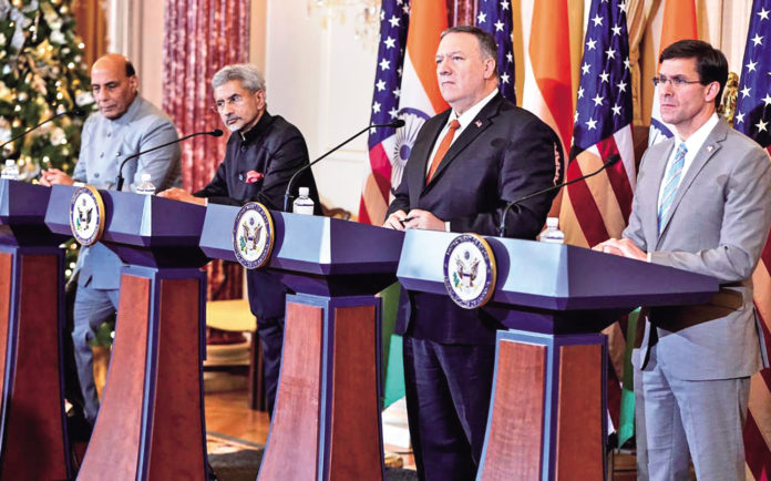 US secretary of state Mike Pompeo, defense secretary Mark Esper and external affairs minister S Jaishankar and defence minister Rajnath Singh at the US State Department,