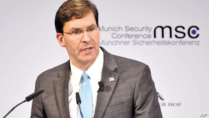 US Secretary of Defense Mark T Esper speaking at the Munich Security Conference, 15 February 2020