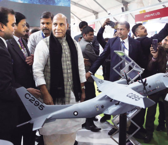 Defence Industry : MoUs and JVs Announced at DEFEXPO 2020 Defence minister Rajnath Singh visiting the Tata Aerospace & Defence stand during DefExpo2020, in Lucknow on 7 February 2020.