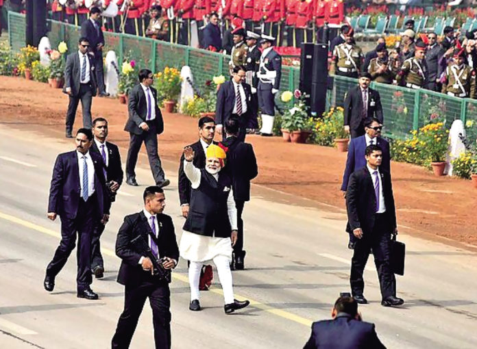 Prime minister Narendra Modi at Rajpath on the occasion of the 69th Republic Day Parade.