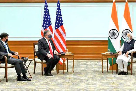 INDIA – U.S.: Indo-US Defence Cooperation Enters New Phase US defence secretary Mark Esper, US secretary of state Mike Pompeo with prime minister Narendra Modi on 26 October 2020.