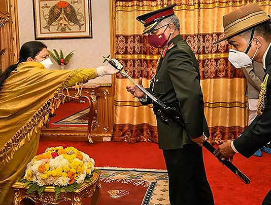 INDIA-NEPAL – Army Chief’s Visit to Nepal Army Chief General M M Naravane being conferred the honorary rank of General of Nepali Army by Nepal’s President Bidya Devi Bhandari at ‘Shital Niwas’ in Kathmandu.