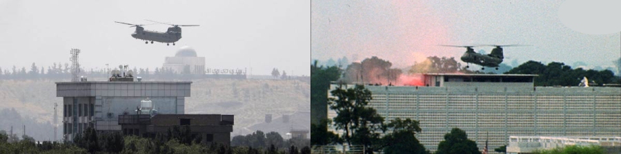 A US Chinook helicopter over its embassy in Kabul (left) and over the US embassy in Saigon