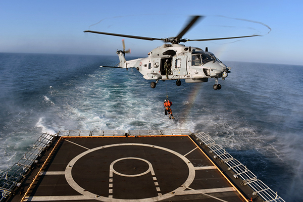 Twin-engine helicopter (NH 90) from FNS Aquitaine from French Navy landed on INS Tabar in the Bay of Biscay on 19 July