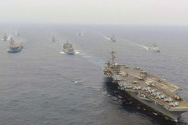 Naval vessels from India, Australia, Japan and the US taking part in the Malabar exercise in the Bay of Bengal in the Indian Ocean, October 2021.