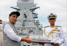 Stealth Guided Missile Destroyer INS Visakhapatnam Commissioned Defence ministerr Rajnath Singh (left) and Navy Chief Admiral Karambir Singh at the commissioning of INS Visakhapatnam