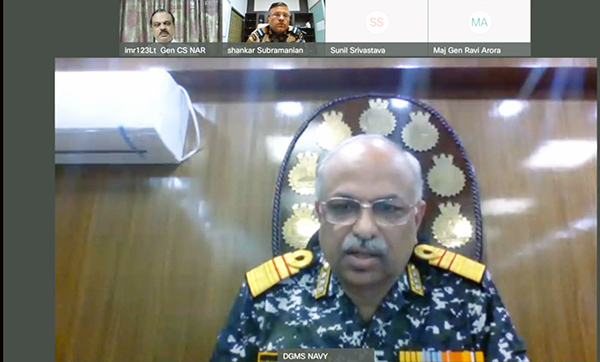 Surg Vice Adm Naveen Chawla speaking on medical services in the Navy