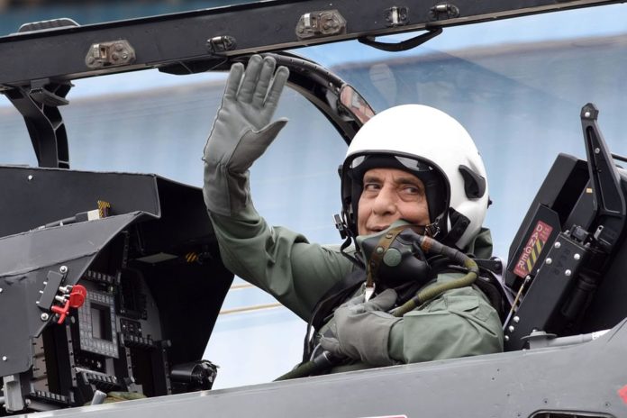 Defence Minister Rajnath Singh in a Tejas LCA cockpit