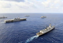 India Navy Patrols Boosted to Track PLAN Ships INS Kolkata is the first ship in the foreground and JS Izumo is to its left, as they pass through the South China Sea