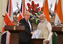 UK, India promise partnership on new fighter jet technology Prime Minister Narendra Modi shakes hand with Boris Johnson, Prime Minister of UK after delegation level talks, in New Delhi on 22 April