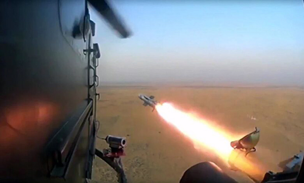 Anti-Tank Guided Missile ‘Helina’ being test-fired from a Advanced Light Helicopter