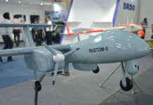 Drone Technologies for National Security A model of the Rustom II drone, later renamed Tapas-BH-201, at the 2018 Defexpo
