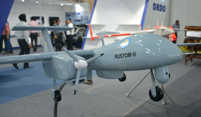 A model of the Rustom II drone, later renamed Tapas-BH-201, at the 2018 Defexpo