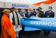 BrahMos Unit to be Centrepiece of UP Defence Corridor Defence Minister Rajnath Singh and UP Chief Minister Yogi Adityanath at a BrahMos missile display in Lucknow