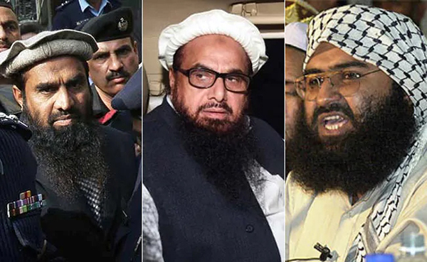 Mumbai blast accused terorists, from left, Zakiur Rahman Lakhvi and Hafiz Saeed, and JeM founder Masood Azhar