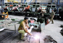 Government sets Rs 1.75 lakh crore as target for defence manufacturing by 2025 A welder at the Vehicle Factory Jabalpur working on fabrication of Mine Protected Vehicles