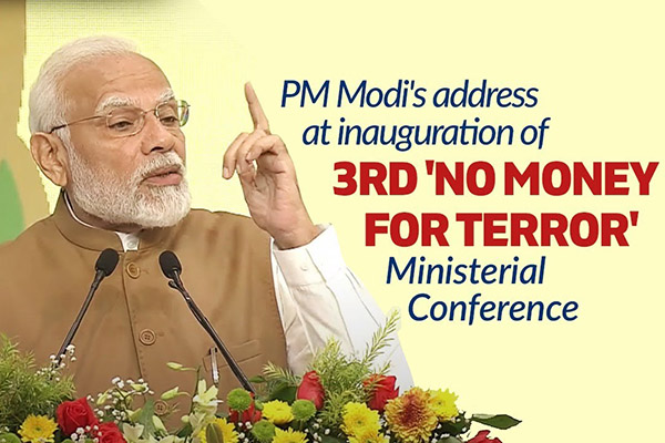 Prime minister Narendra Modi addressing the 3rd 'No Money for Terror' ministerial conference on 19 Nov 2022