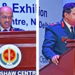 Lt Gen MV Suchindra Kumar, Deputy Chief of Army Staff (Strategy), left, delivering the Inaugural Address