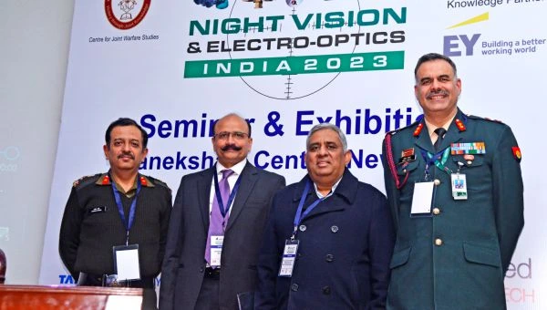 Speakers of Session 5 - from left, Brig Manish Pandey, Brig Arty (Ops), Artillery Directorate, SS Rathore, IPS, DIG BSF, Maj Gen AK Channan, former Addl DG Army Design Bureau, and Maj Gen Abhay Dayal, ADG Acquisition Technical (Army)