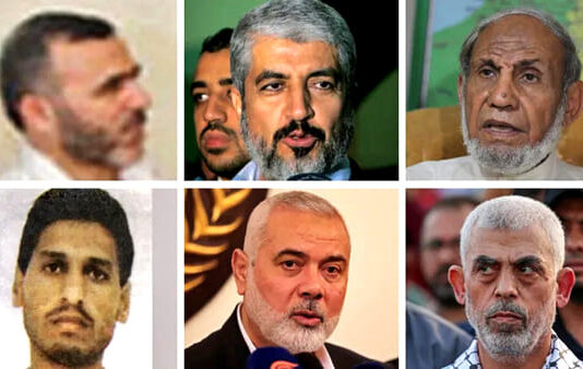 ISRAEL-HAMAS WAR – Hamas Leadership, Setup and Capabilities Clockwise top left, Marwan Issa; Khaled Meshaal; Mahmoud Zahar; Yehiya Sinwar; Ismail Haniyeh; Mohammed Deif