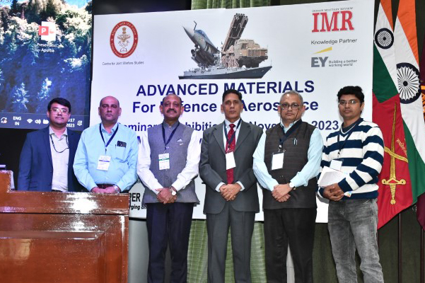 Panellists of Session 4 - From left, KNS Pavan Kumar, Scientist B, YSL-Smart Materials, Anuttam Mishra, Director (Technical), Indian Rare Earths Ltd, Rear Admiral (Prof) Deepak Bansal, IIT-Madras, Lt Gen Sunil Srivastava, Director CENJOWS, Dr Kingsuk Mukhopadhyay, Scientist G, DMSRD, Dr Apurba Sinhamahapatra, from CSIR-CIMFR