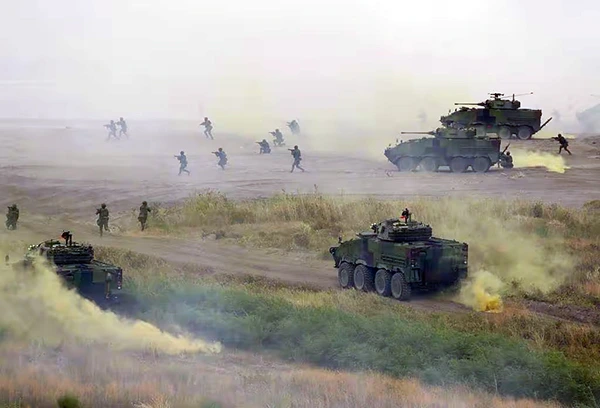 Soldiers participate in the annual Han Kuang military exercises that simulate an anti-landing operation near the coast in New Taipei City, Taiwan, on July 27, 2023