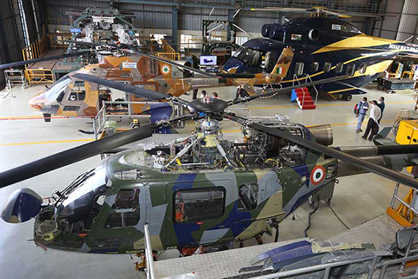 The final assembly hangar of the light utility helicopter at HAL, Bengaluru