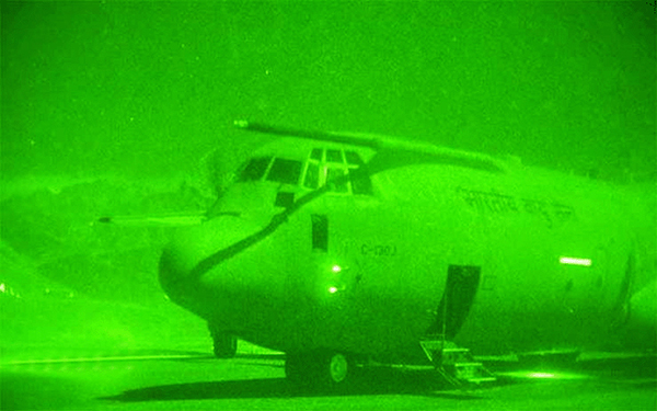 A view of the IAF C-130 with Garud commandos makes night landing at Kargil Advanced Landing Ground on January 7, 2024