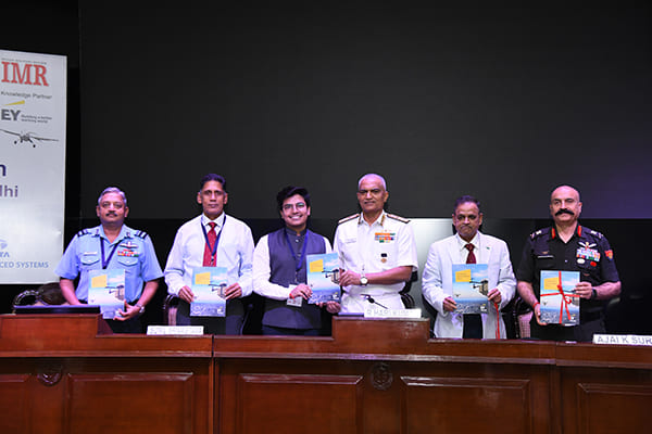 Release of EY-IMR Knowledge Paper on Unmanned Aerial Vehicles by (from left) Air Vice Mshl PV Shivanand, ACAS Ops (Air Defence) Air HQ, Lt Gen Sunil Srivastava, Director CENJOWS, Tejswai Singh of EY,  Admiral R. Hari Kumar, Chief of the Naval Staff, Col KV Kuber, Director Defence & Aerospace, E&Y, and Lt Gen Ajai Kumar Suri, Director General Army Aviation.