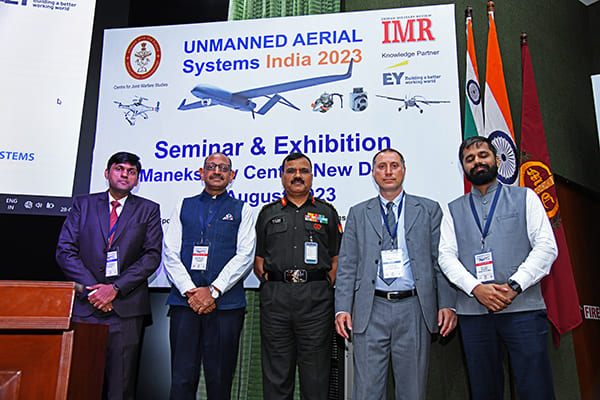 Panelists of Session 3 (from left) Swapnil Jalundhwala, Adani Defence & Aerospace, Rear Adm (Prof) Deepak Bansal, VSM, Retd, Dept of Mechanical Engg, IIT-Madras Ran Weinstein, VP Sales & Mktg, Orbit, and Smit Shah, President, Drone Federation of India.