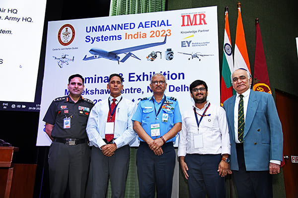 Panelists of Session 5 (from left) Col Rakesh Zutshi, Col AD (Ops & Op Lgs), Army Air Defence Directorate. Army HQ, Lt Gen Sunil Srivastava, Director CENJOWS, Air Vice Mshl Rajiva Ranjan, ACAS Ops (Space), Air HQ, V Kishore Kumar, Scientist D, DLRL, DRDO and Maj Gen Ravi Arora, Chief Editor, Indian Military Review.