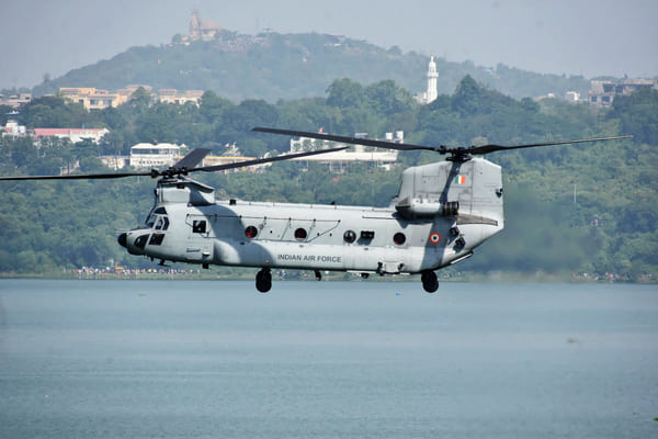 A Chinook helicopter of the IAF manoeuvring over the Bhojtal lake.