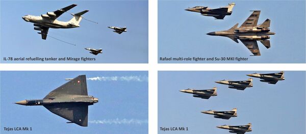 IL-78 aerial refueller, Rafel multi-role fighters, singla Terjas LCA Mk1 and a Tejas in formation over Bhopal