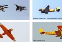 AIR SHOW – Aerial Display at Prayagraj Netra Embrare-145 AEWS aircraft, a restored Dakota DC-3 with a Pilatus P-7 trainer, a Harvard Trainer HT-291 and a Tiger Moth HU512 at the air show in Pryagraj