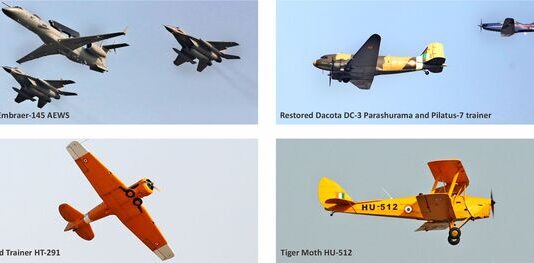 AIR SHOW – Aerial Display at Prayagraj Netra Embrare-145 AEWS aircraft, a restored Dakota DC-3 with a Pilatus P-7 trainer, a Harvard Trainer HT-291 and a Tiger Moth HU512 at the air show in Pryagraj