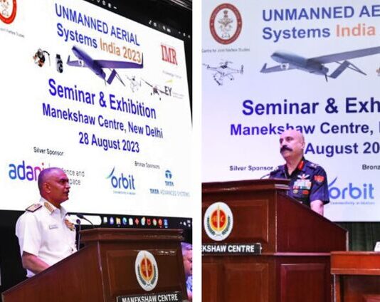 NAVAL EXERCISE – Annual Joint HADR Exercise 2023 Admiral R Harikumar, Chief of the Naval Staff, (left) delivering the Inaugural Address and (right) Lt Gen Ajai Kumar Suri, Director General Army Aviation delivering the Keynote Address