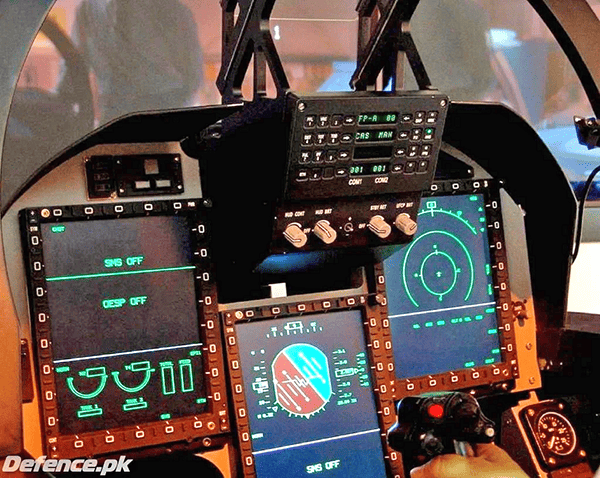 JF-17 has three large Multifunction Colour Displays (MFD) and a holographic head-up display (HUD)
with built-in symbol generation capability. It incorporates an electronic flight instrument system (EFIS).