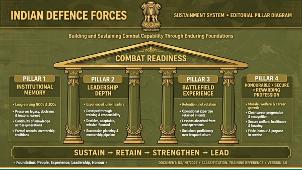 Four pillars holding up Combat Readiness Institutional Memory, Leadership Depth, Battlefield Experience, and Honourable-Secure-Rewarding Profession (IMR)