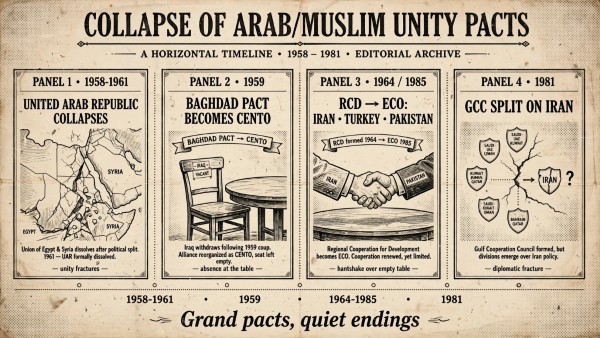 Grand pacts, quiet endings. Regional solidarity agreements have repeatedly risen on ceremony and dissolved on divergent interests (IMR)